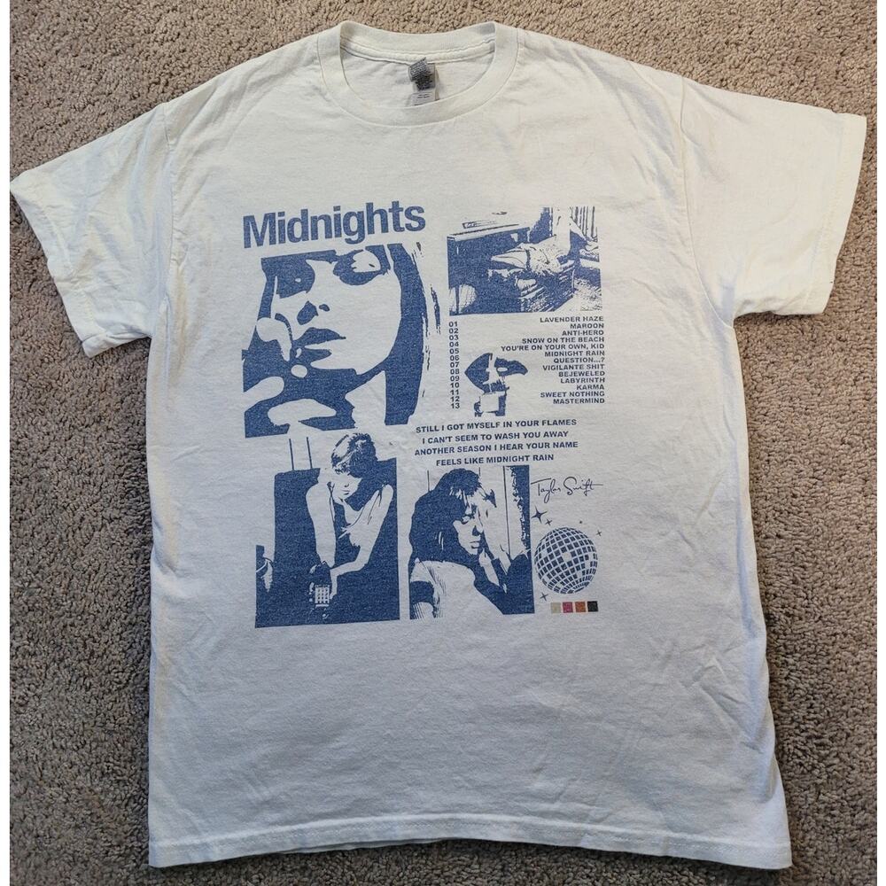 Taylor Swift Midnights Tee M White Concert Merch Pop Culture EUC